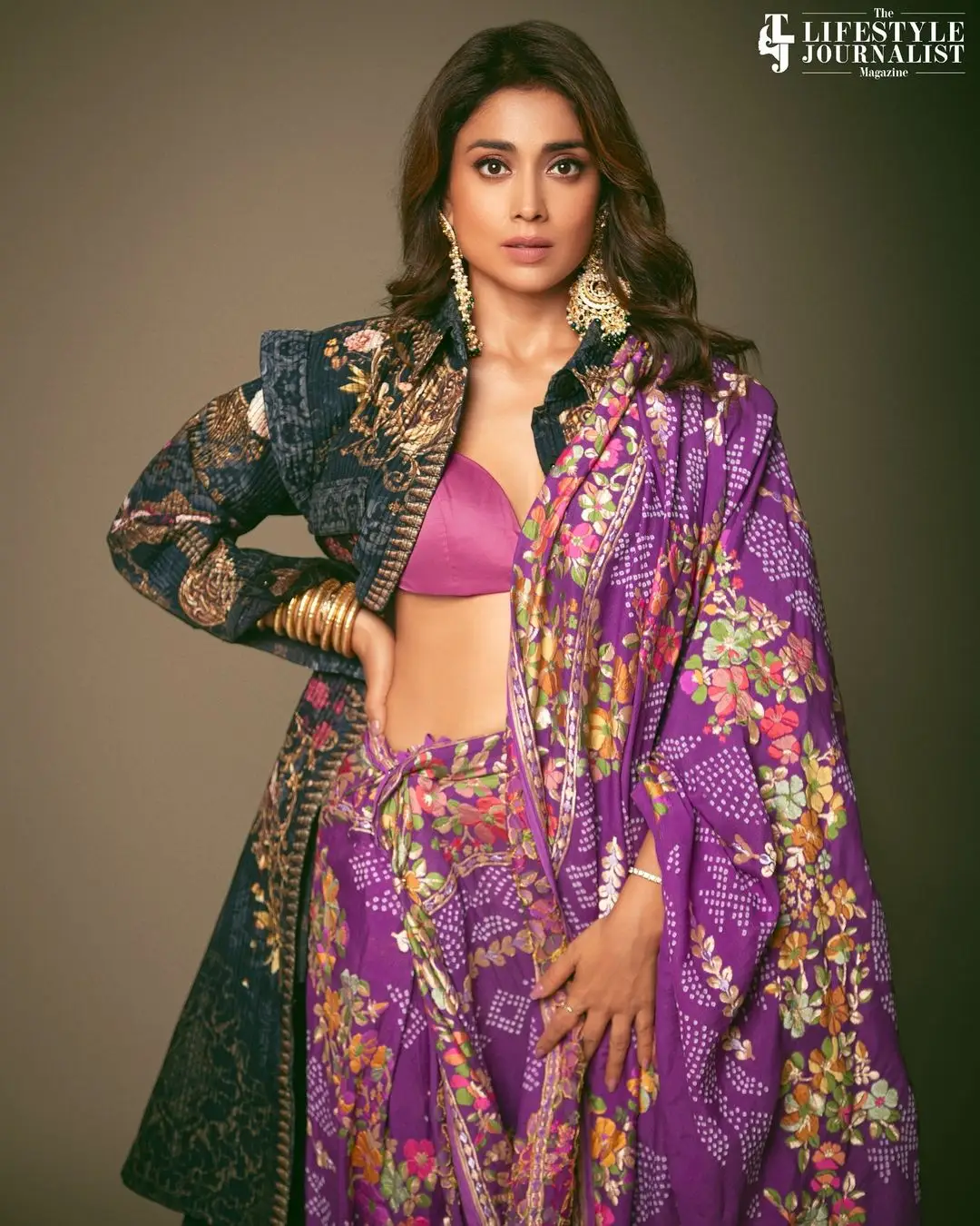 Shriya Saran Long Legs Show in Violet Lehenga Choli